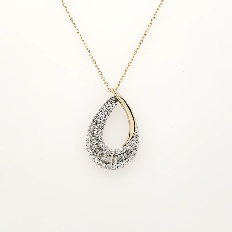 70748 14K TWO TONE .27CTW DIAMOND ROUND AND BAGUETTE OPEN DROP PENDANT NECKLACE