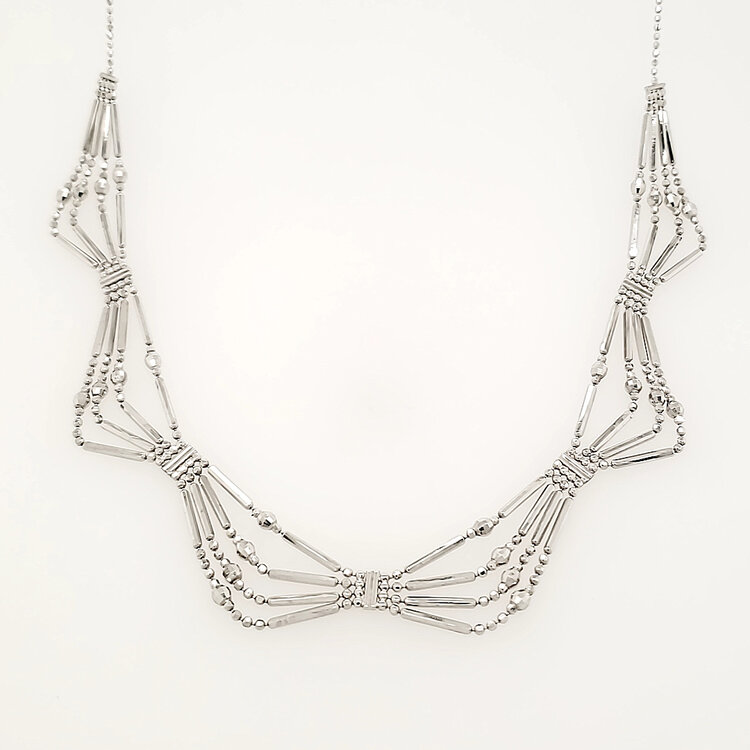 60148 10K WHITE GOLD DIAMOND CUT BAR AND BEADED DRAPING STYLE NECKPIECE