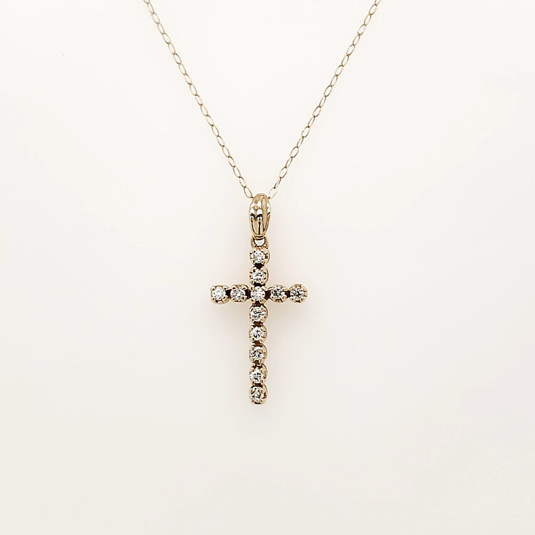 75099 14K YELLOW GOLD .20CTW DIAMOND FOUR PRONG CROSS PENDANT NEKCLACE