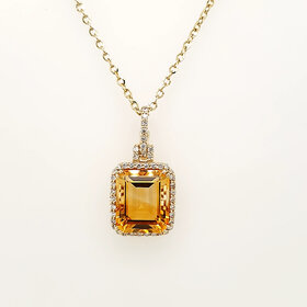 70749 14K YELLOW GOLD DIAMOND HALO EMERALD CUT CITRINE PENDANT NECKLACE