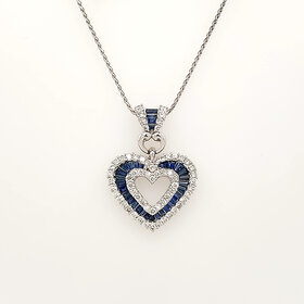70750 14K WHITE GOLD 2CT DIAMOND SAPPHIRE EXQUISITE HEART PENDANT NECKLACE