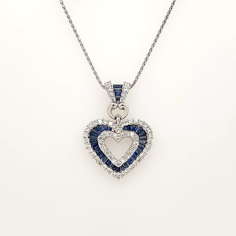 70750 14K WHITE GOLD 2CT DIAMOND SAPPHIRE EXQUISITE HEART PENDANT NECKLACE