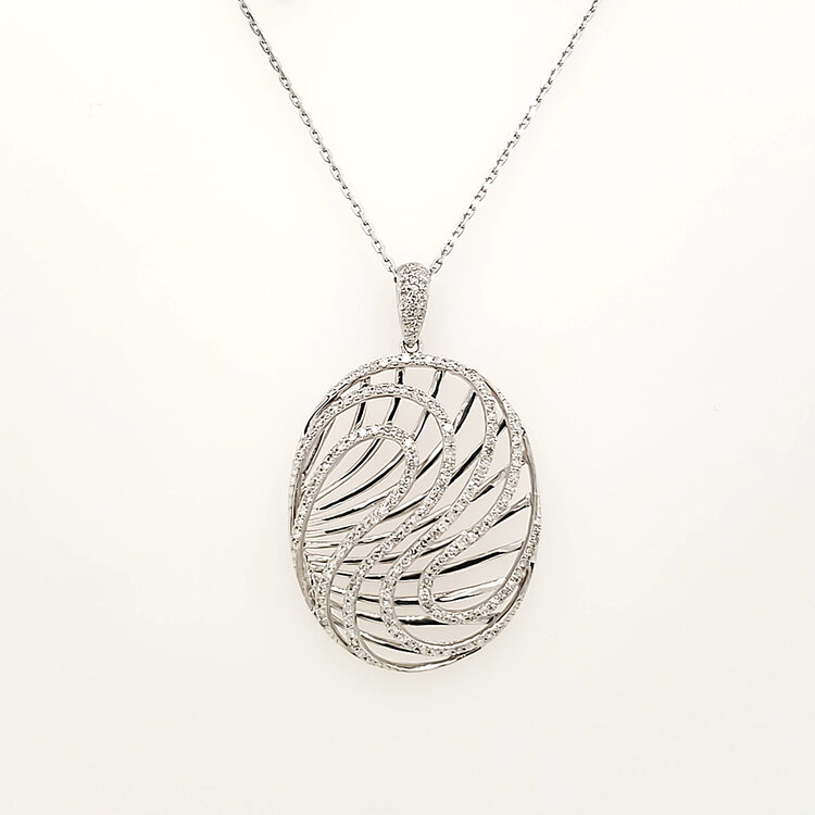 70751 14K WHITE GOLD 1CT DIAMOND OVAL 3D WAVE DESIGN GORGEOUS PENDANT NECKLACE