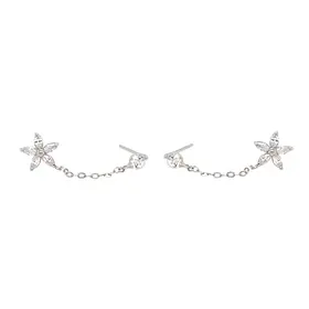 31499 14K WHITE GOLD CUBIC ZIRCONIA FLOWER AND STUD CHAIN CONNECTED TRENDY DOUBLE ARRINGS