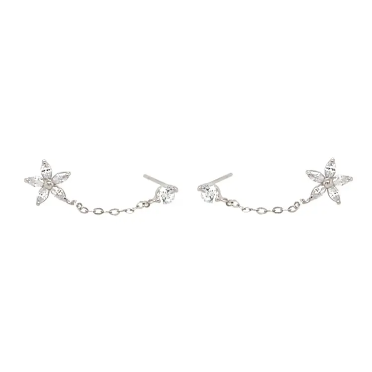 31499 14K WHITE GOLD CUBIC ZIRCONIA FLOWER AND STUD CHAIN CONNECTED TRENDY DOUBLE ARRINGS