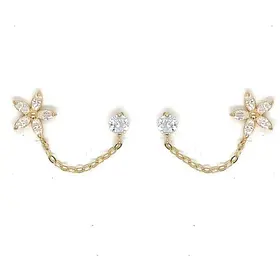 31501 14K YELLOW GOLD CUBIC ZIRCONIA FLOWER AND STUD C HAIN CONNECTED DOUBLE EARRINGS