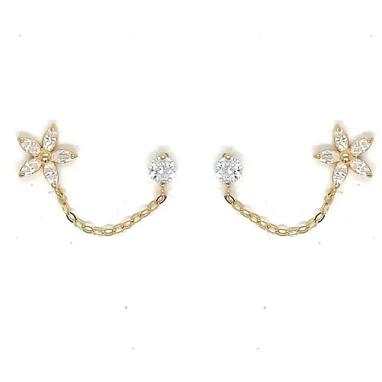 31501 14K YELLOW GOLD CUBIC ZIRCONIA FLOWER AND STUD C HAIN CONNECTED DOUBLE EARRINGS