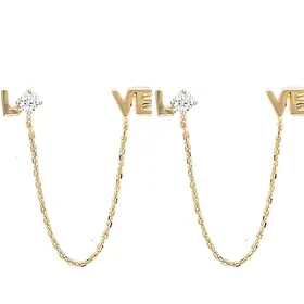 31500 14K YELLOW GOLD CUBIC ZIRCONIA WORD " LOVE"  CHAIN CONNECTED DOUBLE EARRINGS