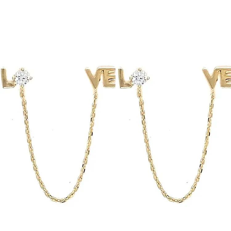 31500 14K YELLOW GOLD CUBIC ZIRCONIA WORD " LOVE"  CHAIN CONNECTED DOUBLE EARRINGS