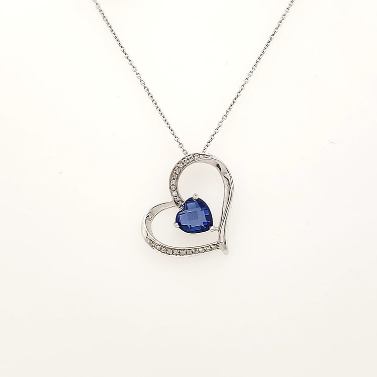 78068 14K WHITE GOLD OPEN HEART .10TCW DIAMOND  WITH SYNTHETIC  BLUE SAPHIRE  HEART PENDANT SET