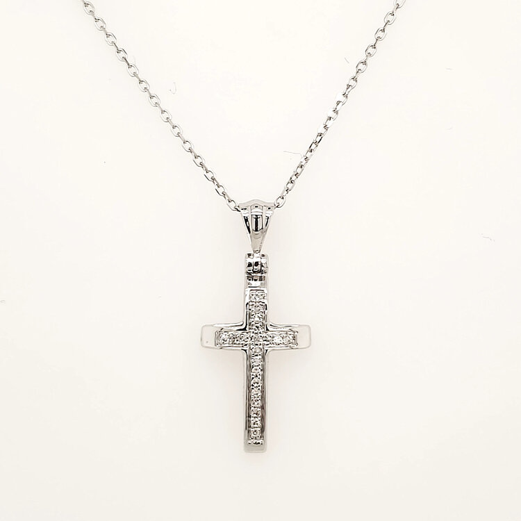 75048 14K WHITE GOLD .05CTW DIAMOND RAISED DESIGN SMALL CROSS PENDANT SET