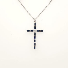 70525 14K WHITE GOLD SAPPHIRE AND DIAMOND CROSS PENDANT NECKLACE