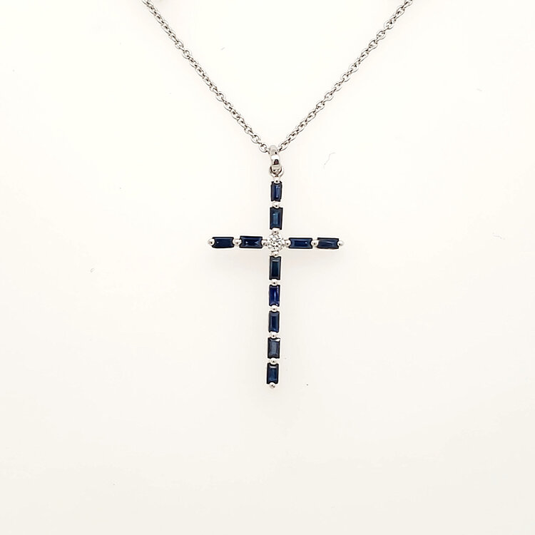 70525 14K WHITE GOLD SAPPHIRE AND DIAMOND CROSS PENDANT NECKLACE