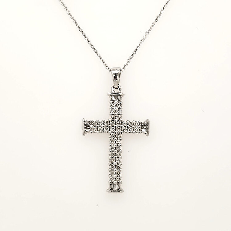 76057 14K WHITE GOLD .52CT ROUND AND BAGUETTE DIAMOND CROSS PENDANT
