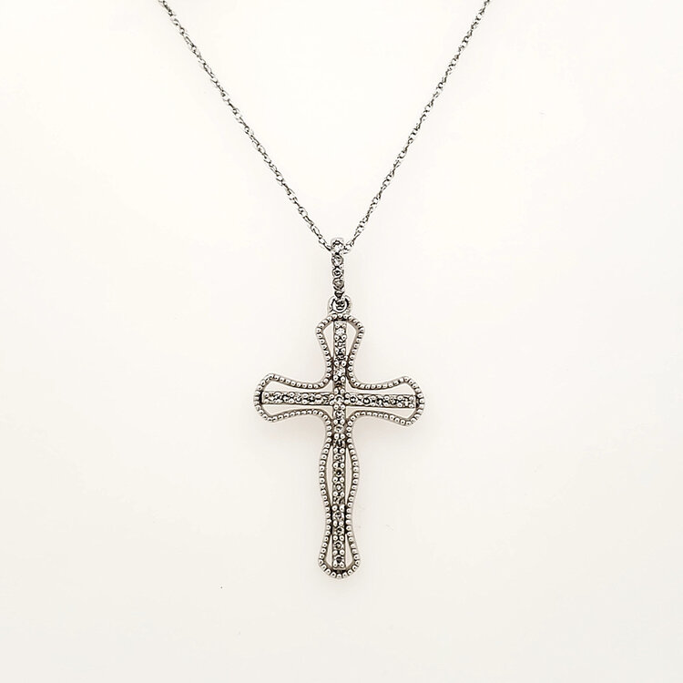 75625 14K WHITE GOLD .20CT DIAMOND CENTER  OPEN BEADED EDGE CROSS PENDANT