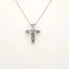 70651 10K WHITE GOLD .15TCW DIAMOND BAGUETTE AND ROUND DIAMOND CROSS PENDANT NECKLACE