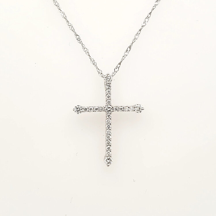 75038 14K WHITE GOLD .25CTW DIAMOND PRONG SET LARGER DIAMOND ON EDGES CROSS PENDANT SET