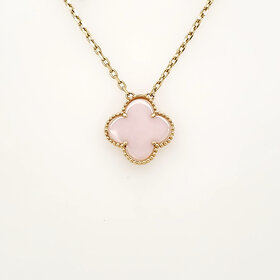 70613 14K YELLOW GOLD 15MM PINK MOTHER OF PEARL CLOVER PENDANT 18" CHAIN WITH EXTENSION NECKLACE