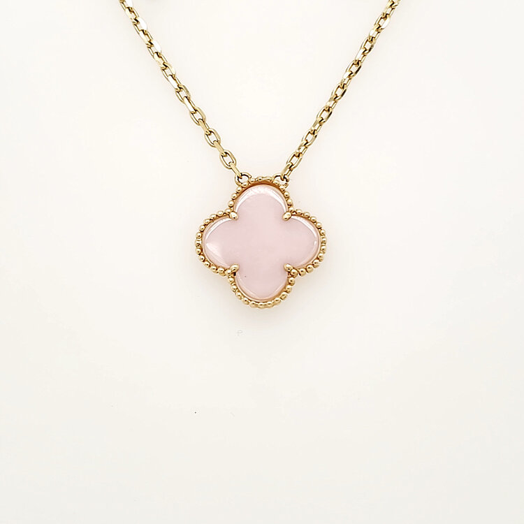 70613 14K YELLOW GOLD 15MM PINK MOTHER OF PEARL CLOVER PENDANT 18" CHAIN WITH EXTENSION NECKLACE