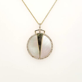 70199 14K YELLOW GOLD .15CTW DIAMOND  MOTHER OF PEARL ROUND HALO  FASHION PENDANT NECKLACE