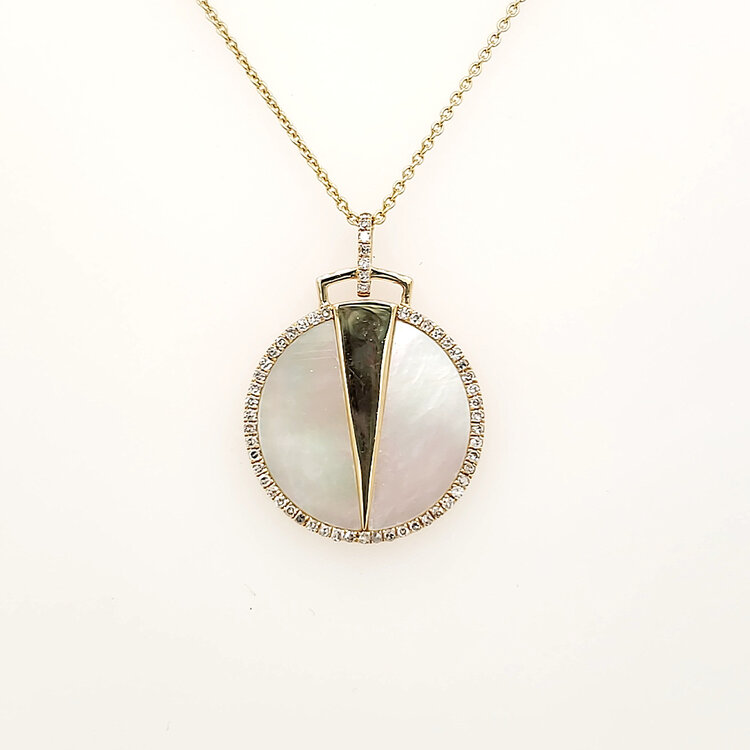 70199 14K YELLOW GOLD .15CTW DIAMOND  MOTHER OF PEARL ROUND HALO  FASHION PENDANT NECKLACE