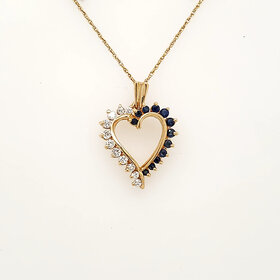70912 14K YELLOW GOLD HALF DIAMOND & SAPPHIRE OPEN HEART PENDANT