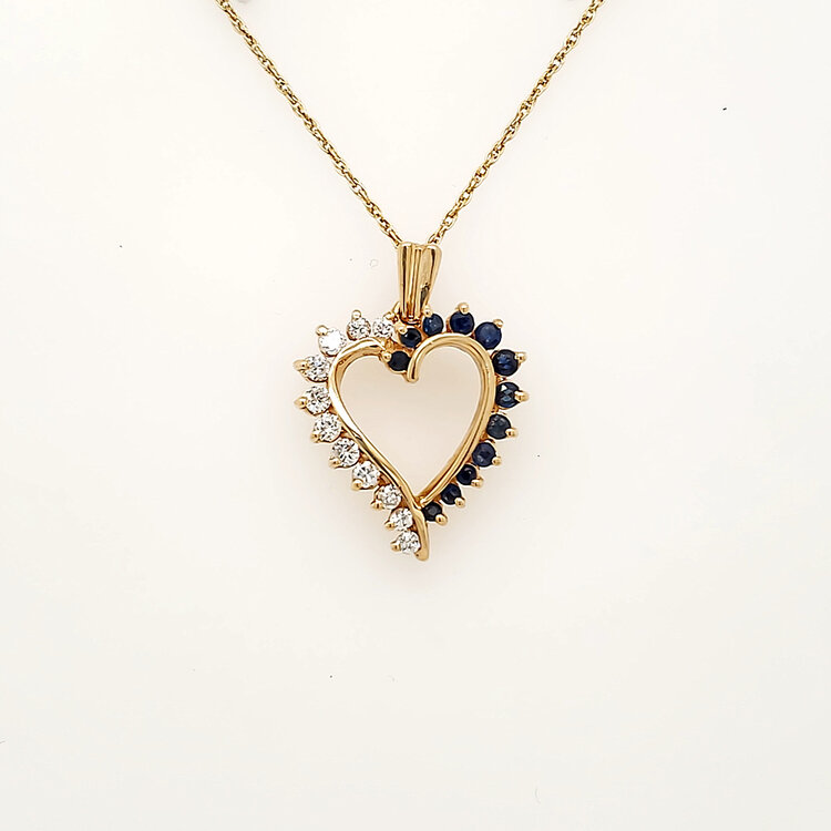 70912 14K YELLOW GOLD HALF DIAMOND & SAPPHIRE OPEN HEART PENDANT