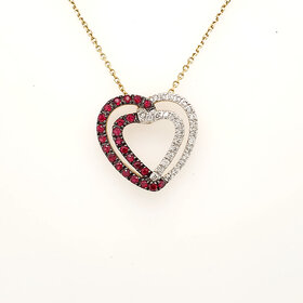 70228 14K YELLOW GOLD HALF DIAMOND AND HALF RUBY DOUBLE HEART PENDANT  NECKLACE