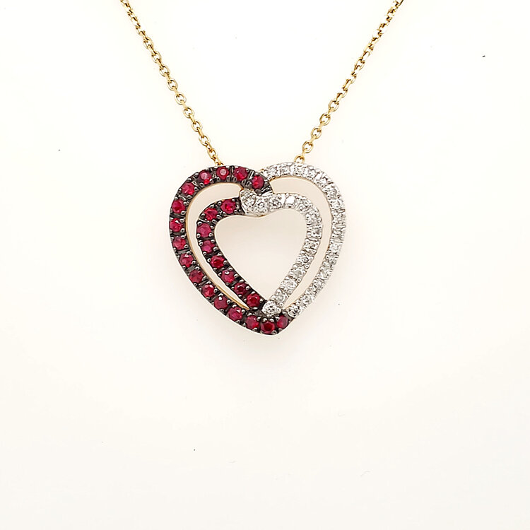70228 14K YELLOW GOLD HALF DIAMOND AND HALF RUBY DOUBLE HEART PENDANT  NECKLACE