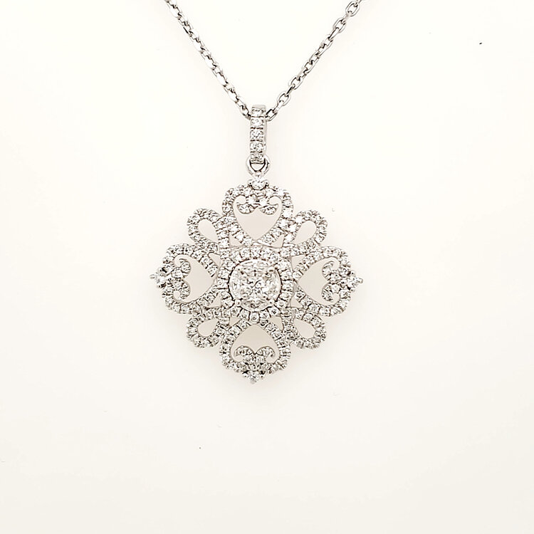 71206 18K WHITE GOLD .75CT DIAMOND ANTIQUE STYLE FLORAL PENDANT NECKLACE