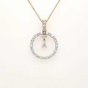 70621 18K TWO TONE .87CTW DIAMOND CIRCLE WITH HANGING PEAR SHAPE DIAMOND CENTER 14K YELLOW GOLD CHAIN PENDANT NECKLACE