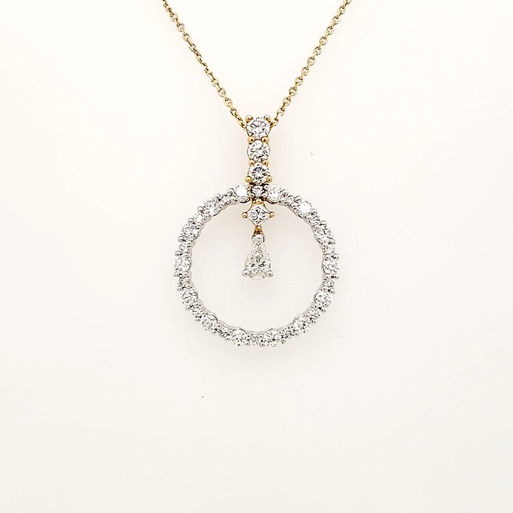 70621 18K TWO TONE .87CTW DIAMOND CIRCLE WITH HANGING PEAR SHAPE DIAMOND CENTER 14K YELLOW GOLD CHAIN PENDANT NECKLACE