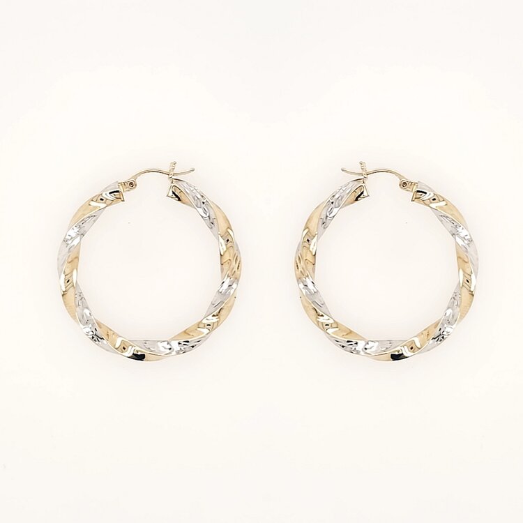 31511 14K TWO TONE 1.40" 4.15MM DIAMOND CUT TWISTED HOOPS