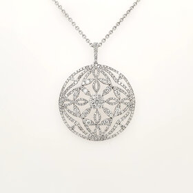 70755 18K WHITE GOLD 2.20CTW DIAMOND CLUSTER FLOWER CUT OUT DESIGN FANCY PENDAT WITH 14K WHITE GOLD CABLE CHAIN NECKLACE