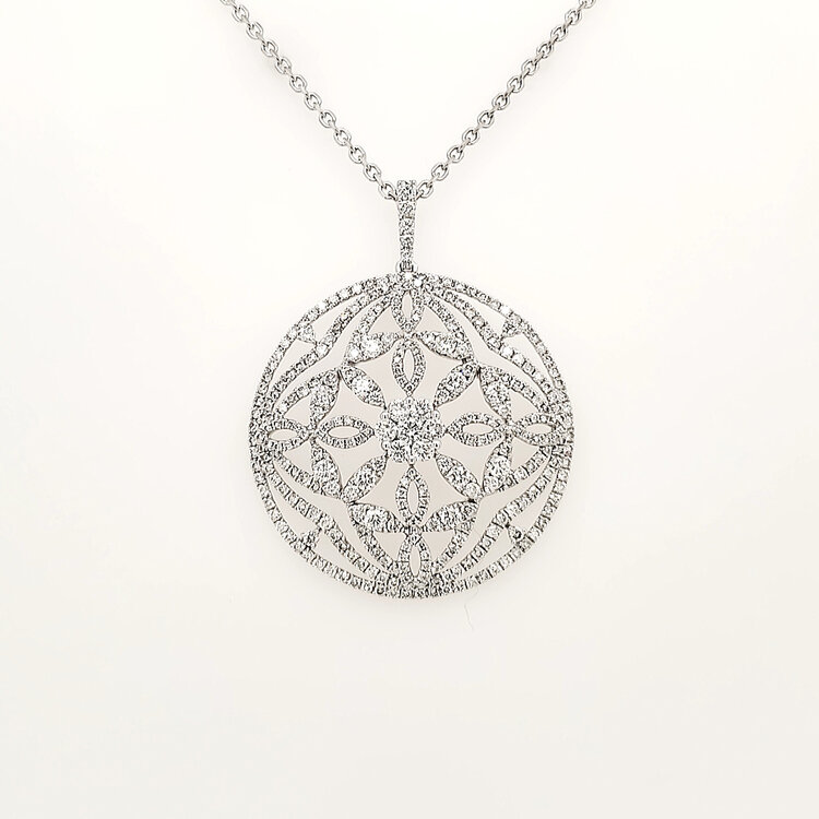 70755 18K WHITE GOLD 2.20CTW DIAMOND CLUSTER FLOWER CUT OUT DESIGN FANCY PENDAT WITH 14K WHITE GOLD CABLE CHAIN NECKLACE