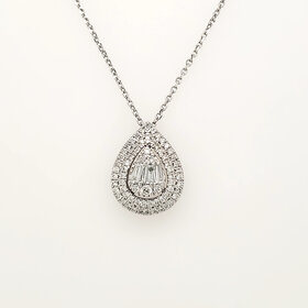 70758 14K WHITE GOLD .75CTW DIAMOND BAGUETTE AND ROUND PEAR SHAPE PENDANT NECKLACE