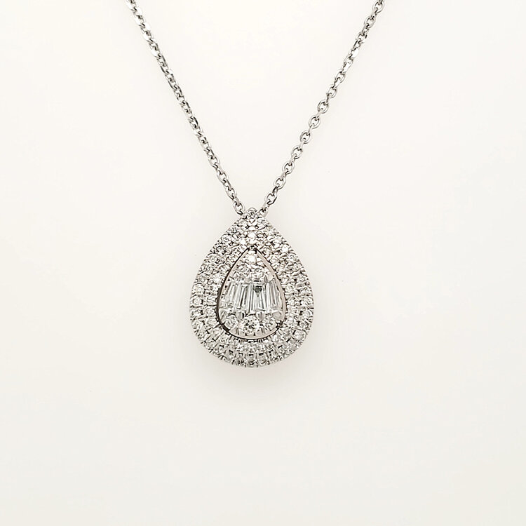 70758 14K WHITE GOLD .75CTW DIAMOND BAGUETTE AND ROUND PEAR SHAPE PENDANT NECKLACE