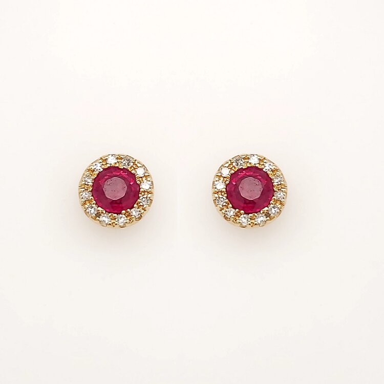 31515 14K YELLOW GOLD DIAMOND HALO RUBY STUDS