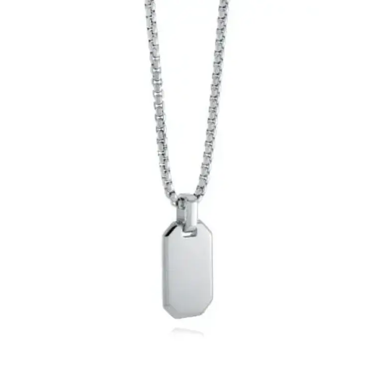 SP367 ITALGEM STAINLESS STEEL SMALL BRUSHED DOG TAG POLISHED EDGES WITH 20" ROUND BOX CHAIN NECKLACE