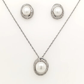 80534 STERLING SILVER DIAMOND SWIRL PEARL PENDANT AND EARRINGS SET