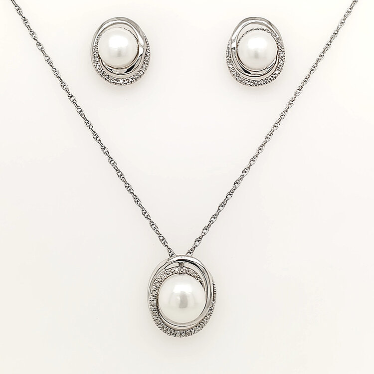 80534 STERLING SILVER DIAMOND SWIRL PEARL PENDANT AND EARRINGS SET