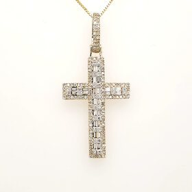 75080 14K YELLOW GOLD .85CTW DIAMOND BAGUETTE AND ROUND RAISED CENTER CROSS DIAMOND O N BALE FANCY CROSS PENDANT NECKLACE