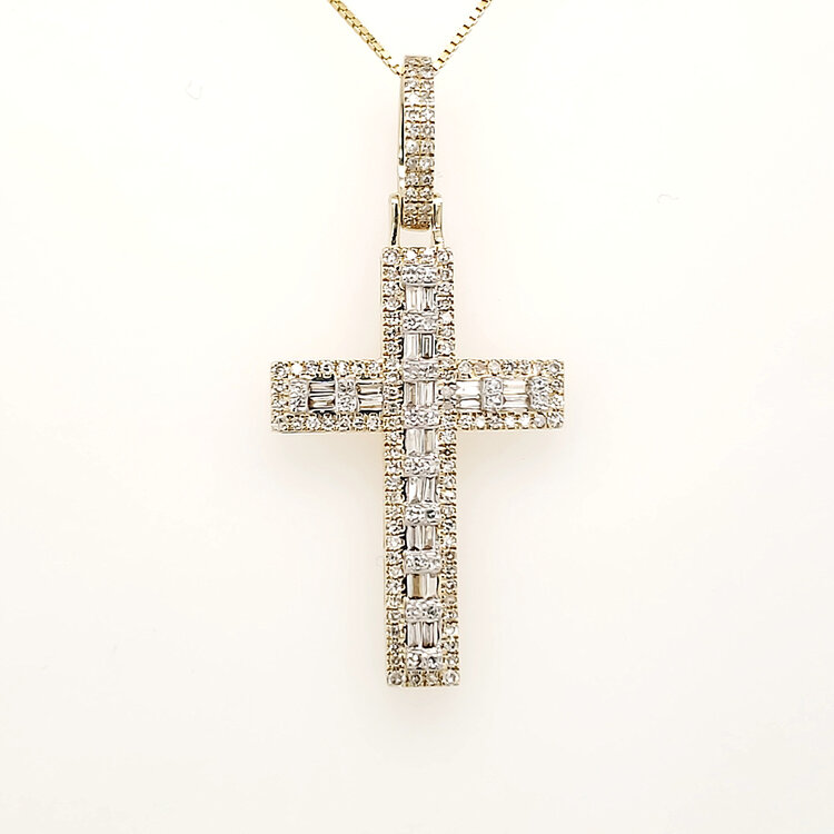 75080 14K YELLOW GOLD .85CTW DIAMOND BAGUETTE AND ROUND RAISED CENTER CROSS DIAMOND O N BALE FANCY CROSS PENDANT NECKLACE