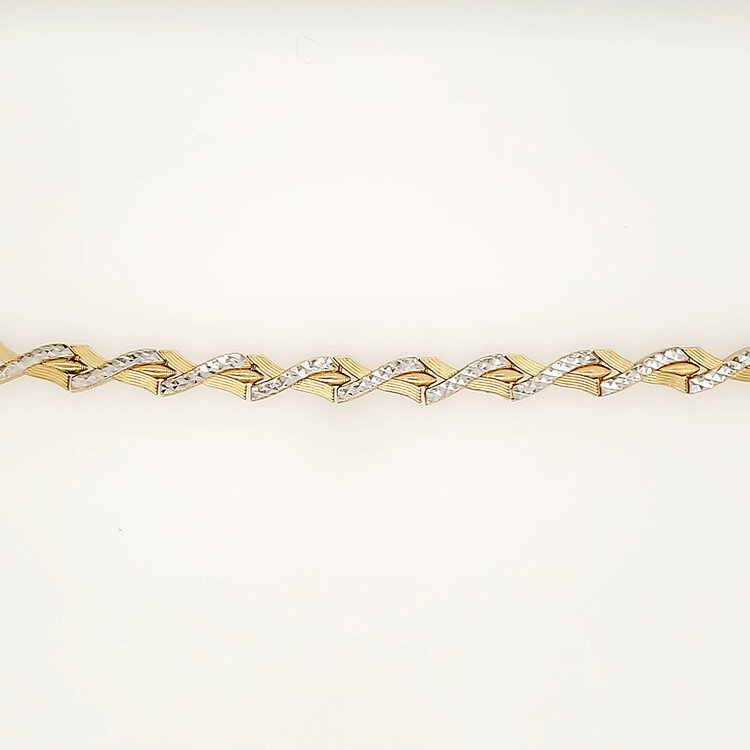 20512 14K TWO TONE 7" WHITE  DIAMOND CUT YELLOW STRIPED X STYLE LADIES BRACELET