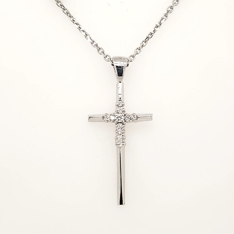 75108 14K WHITE GOLD .12CTW DIAMOND CROSS PENDANT WITH 16" CABLE CHAIN NECKLACE