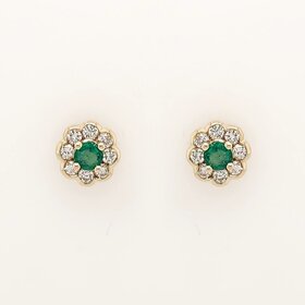 31567 14K YELLOW GOLD EMERALD DIAMOND FLOWER SHAPE EARRINGS STUDS