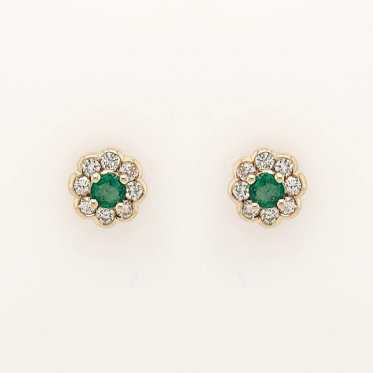 31567 14K YELLOW GOLD EMERALD DIAMOND FLOWER SHAPE EARRINGS STUDS