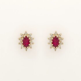 31569 14K YELLOW GOLD DIAMOND HALO OVAL RUBY FLOWER SHAPE EARRINGS STUDS