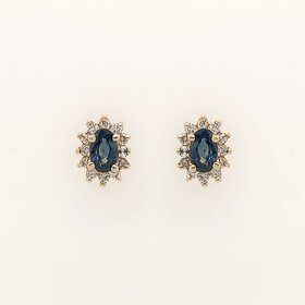 31568 14K YELLOW GOLD DIAMOND HALO OVAL SAPPHIRE FLOWER EARRINGS STUDS