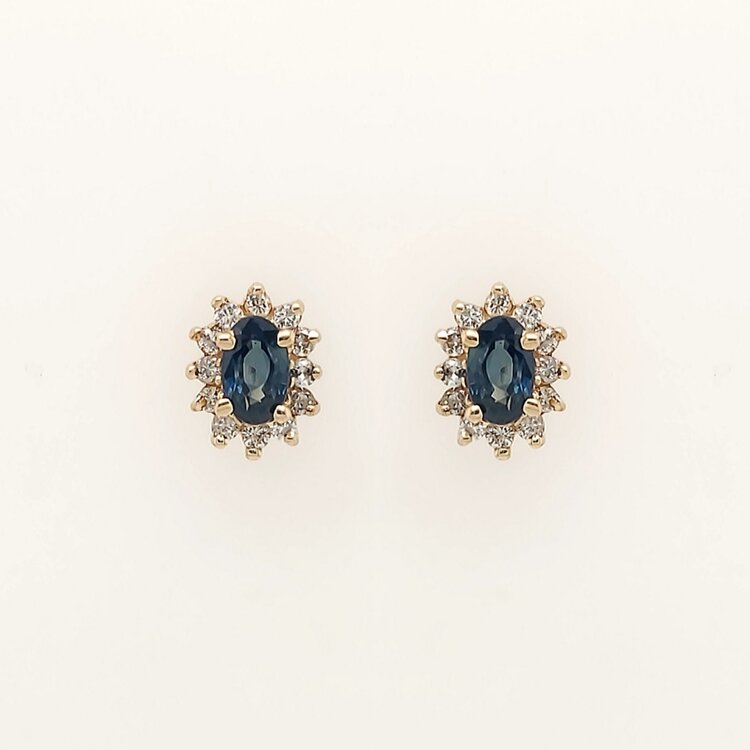 31568 14K YELLOW GOLD DIAMOND HALO OVAL SAPPHIRE FLOWER EARRINGS STUDS